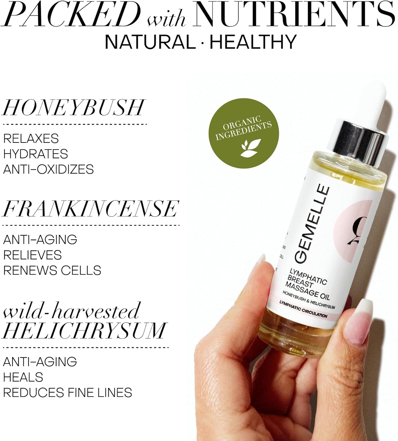 GEMELLE Lymphatic Gua Sha Breast Oil | 10x Award Winner | Lymphatic Drainage, Breast Health & Beauty | Targeted Use with Gua Sha Tool or Manual Massage | Organic, Natural, Clean Beauty - 30ml