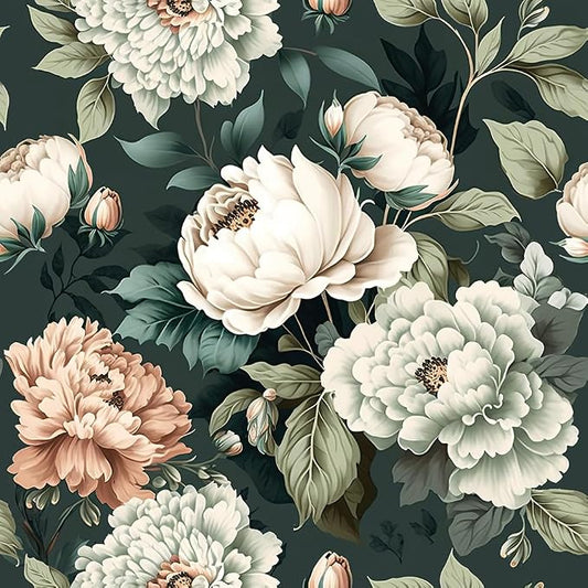 Dark Green White Peonies Vintage Floral Peel and Stick Wallpaper Wall Decor by VistaPalette