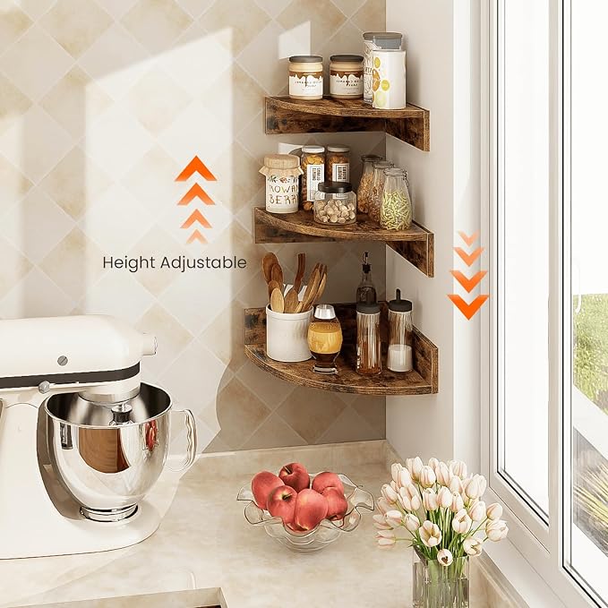Homode Corner Shelf Wall Mount, 3 Tier Wood Wall Display Shelf, Storage - Image 6