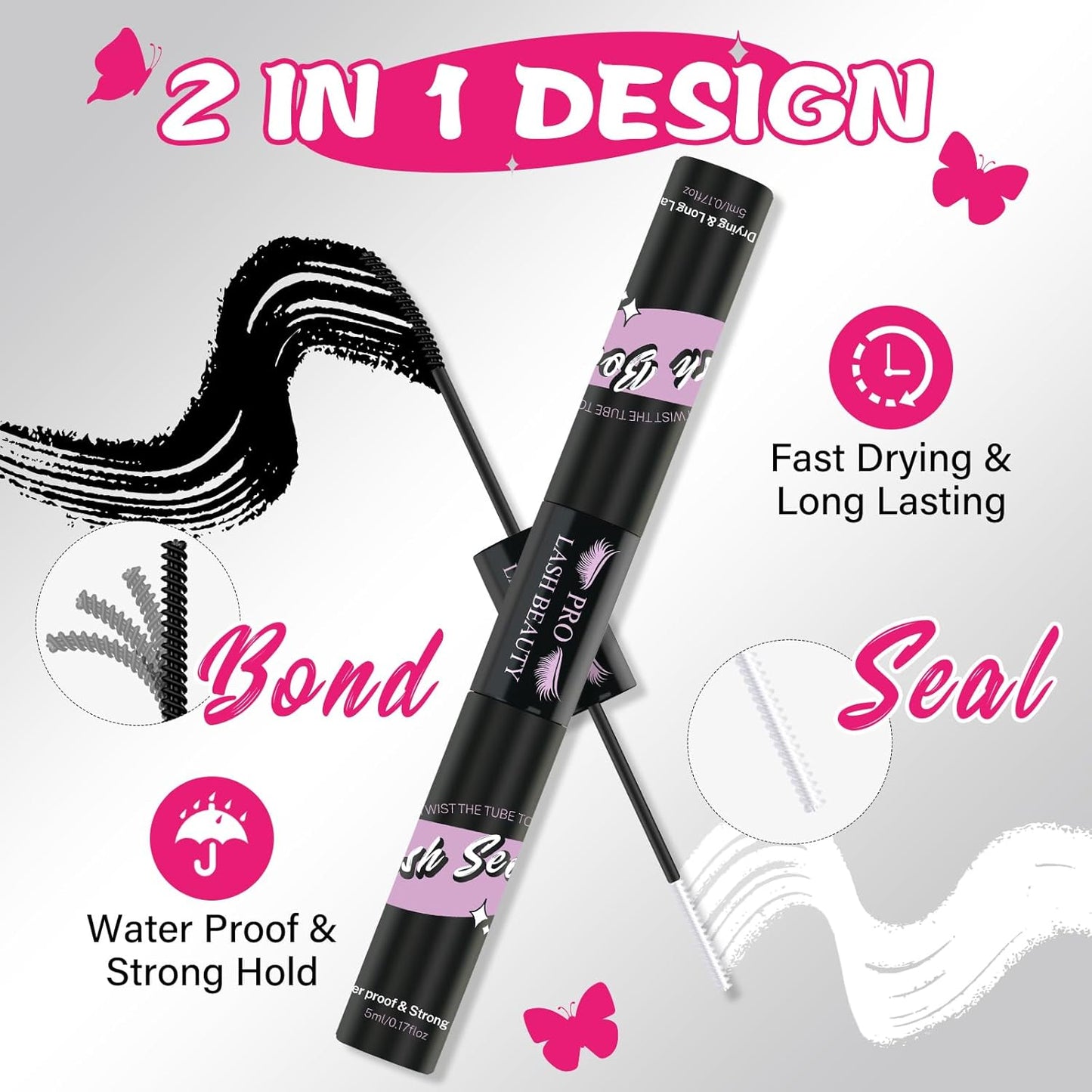 Lash Bond and Seal Cluster Lash Glue & Seal Waterproof Cluster Lash Glue for DIY Eyelash Extensions Waterproof Strong Hold (10ml, Black Bond & Clear Seal)