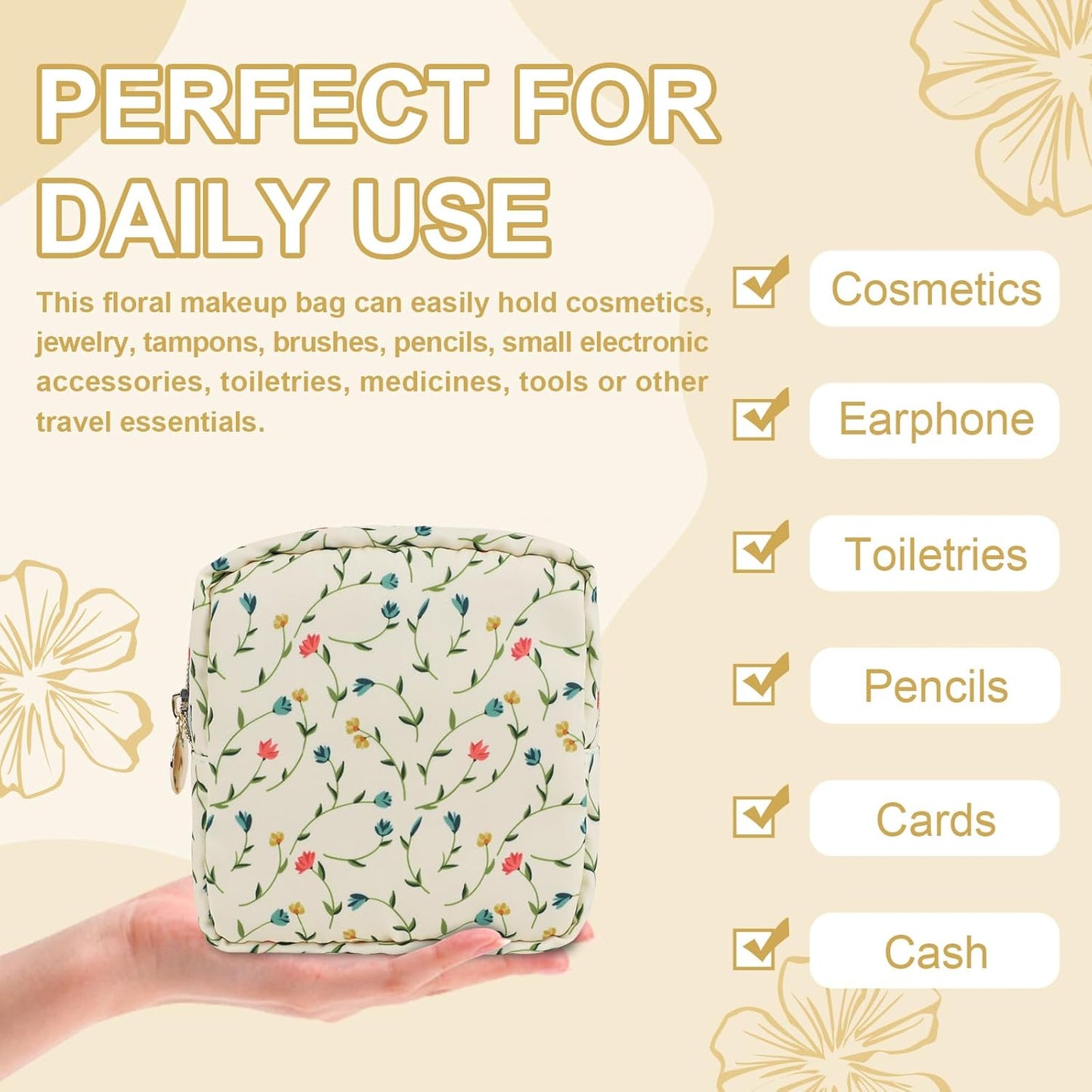 Waterproof Mini Floral Makeup Bag Pouch for Purse,Nylon Flower Cosmetic Bag Small Preppy Toiletry Organizers Bag for Women Girl,Cute Zipper Pouch Coin Purse for Work(Mini Light Yellow-Flowers)