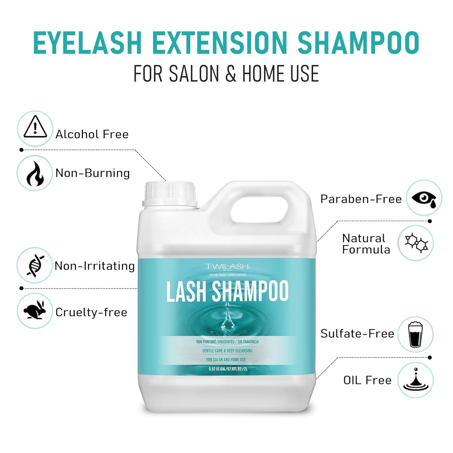 Lash Shampoo Bulk, Eyelash Cleanser for Extensions 2 Liters, Dispenser Pump, Safe Makeup Remover, Non-irritating or Burning Eyelid Foaming Cleanser for Professional Salon and Home Use (Unscented-2L)