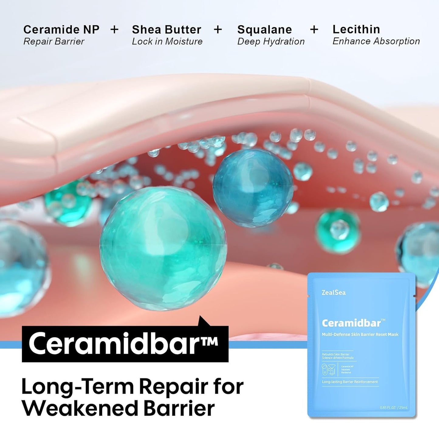 ZealSea Ceramidbar Face Masks Skincare Set, Derm Solution Sheet Mask for Multi-Trigger Sensitivity, Soothing & Calming, Strengthen & Restore Skin, Facial Mask with Cica & Ceramide, 10 Pack