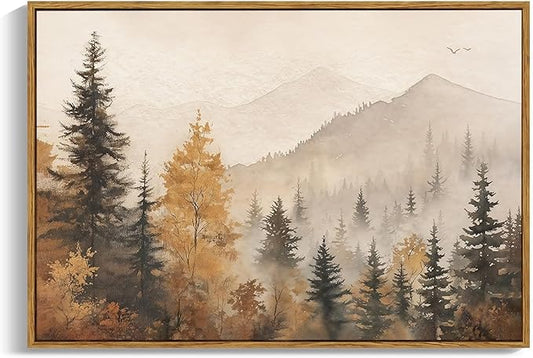 OIQArtOIQ Vintage Framed Wall Art Autumn Mountain Landscape Canvas Art Prints by OIQArtOIQ