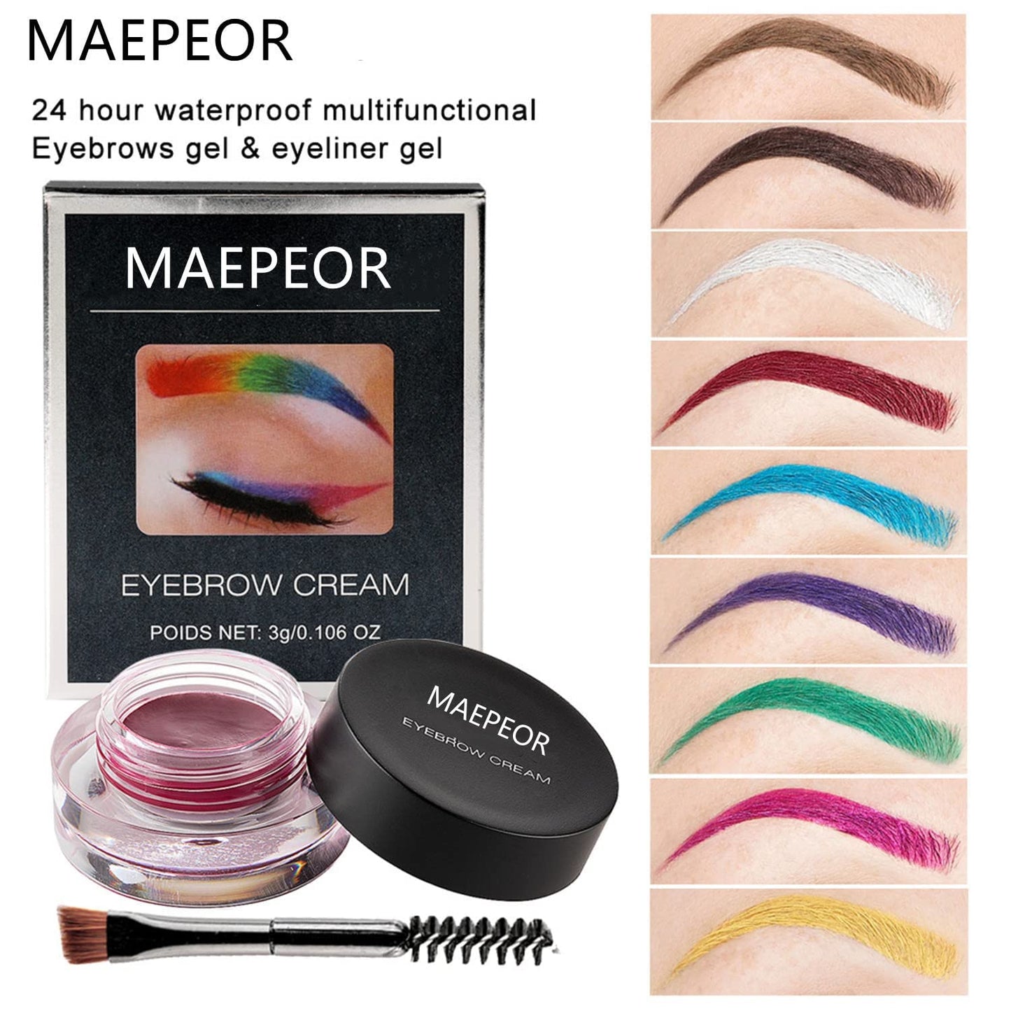 MAEPEOR 12 Colors Eyebrow Pomade Full-pigmented Long Lasting Waterproof Eyebrow Cream Gel Filling & Shaping Tinted Eyebrows Enhancers with Brush for Daily or Cosplay (02 Dark Brow)