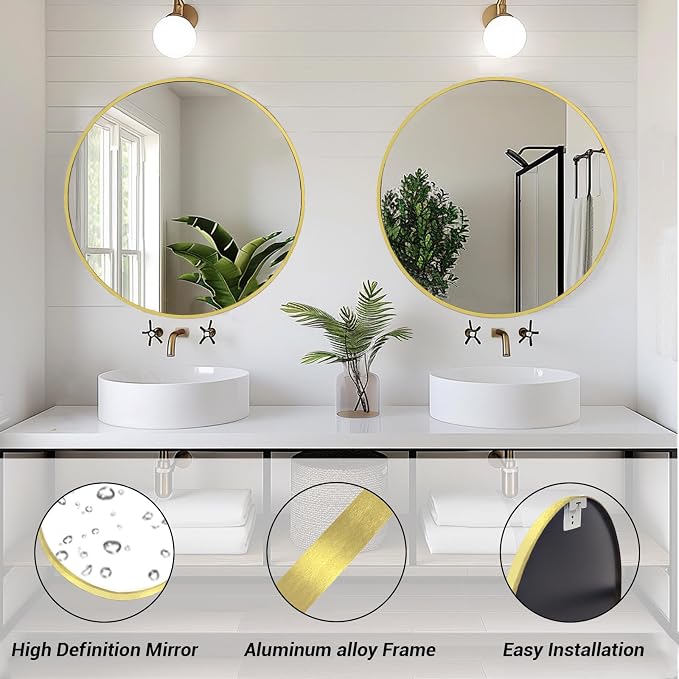Sunniry Gold Round Mirror 30 inch, Large Circle Mirror, Round Wall Mirror - Image 2