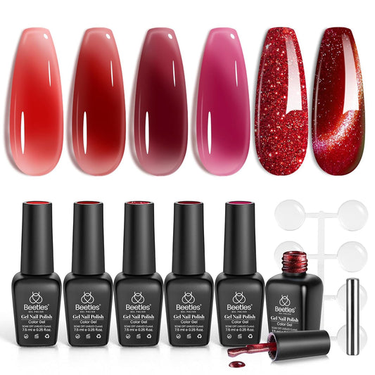 Beetles Red Gel Nail Polish Set, 6 Colors Cat Eye Glitter Burgundy Bright Jelly Nail Polish Set with Magnet, Soak Off LED Lamp DIY Salon at Home Manicure Gifts for Women Red Revival