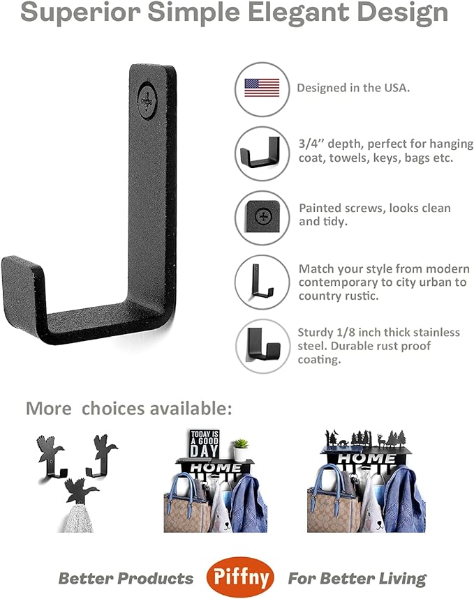 Piffny 6 Pack Heavy Duty Steel Essential Style Wall Hooks - Image 2