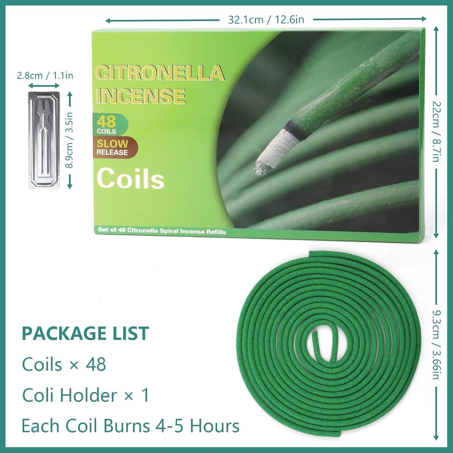 DERDUFT Incense Coils, Citronella Incense Coil for Summer, Citronella Fragrance Spiral for Outdoor & Indoor, Set of 48 Lemongrass with Holder for Outside Activities