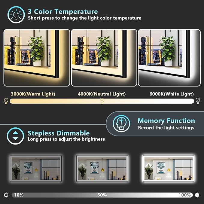 72x40 Black Framed LED Bathroom Mirror - Image 5