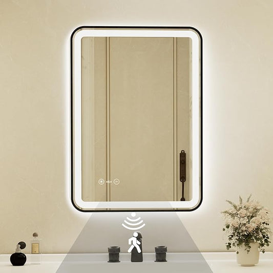 24x32 Inch Black Framed LED Bathroom Mirror by Unknown