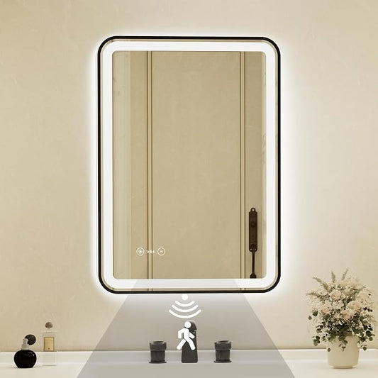 20x28 Inch Black Framed LED Bathroom Mirror by Unknown