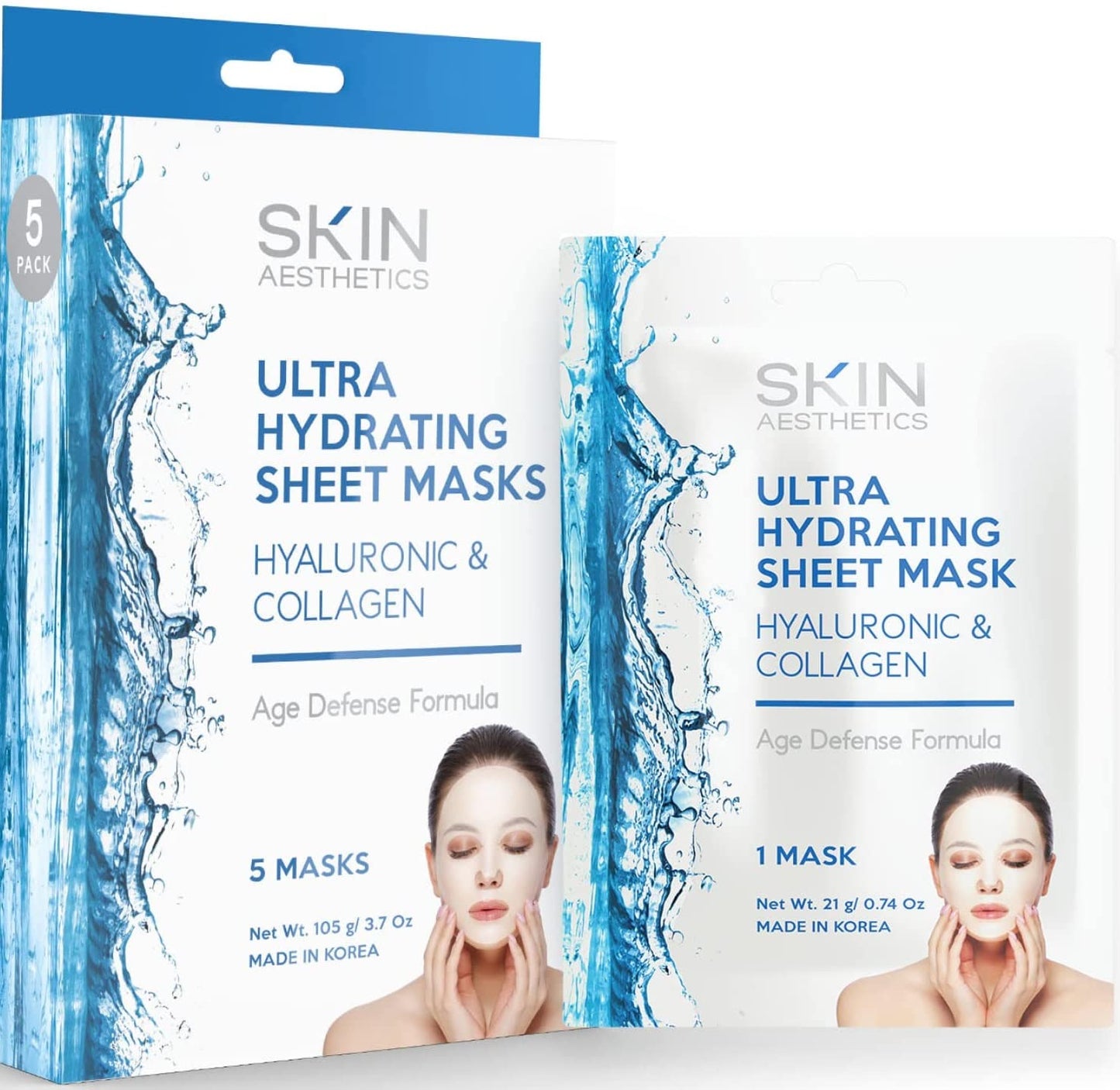 Hyaluronic & Collagen Sheet Face Mask - Skin Firming, Anti-Aging, Moisturizing & Plumping - Dermatologist Tested Korean Skincare - Clean Beauty, Cruelty-Free - 5 Masks