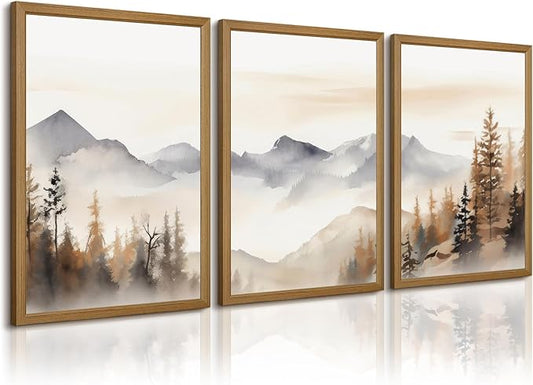 Neutral Mountain Wall Art Decor Set of 3 Forest Canvas Wall Art Poster by Unknown