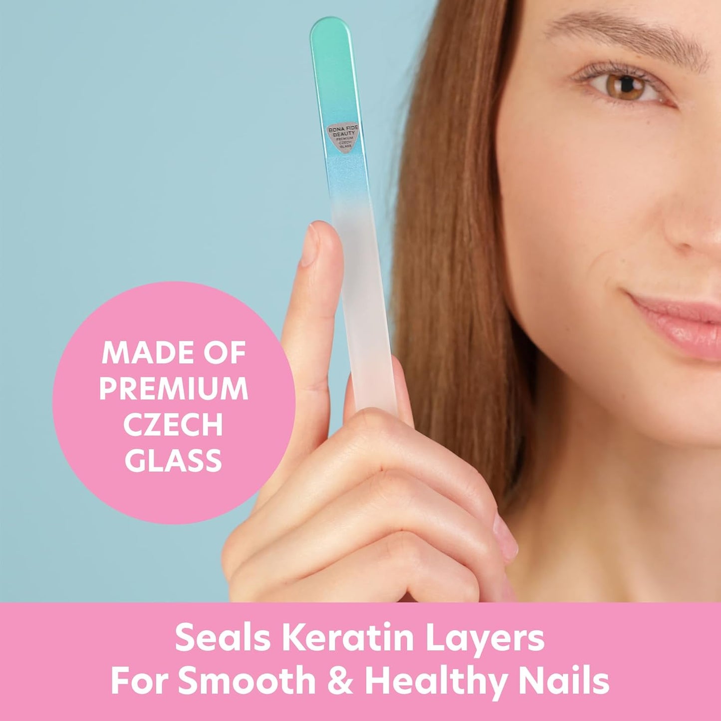Bona Fide Beauty Glass Nail File with Case (Aqua) - 1 Piece Luxurious Gifts for Women, Crystal Etched Nail File for Natural Nails