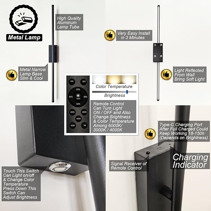 Easy Install Peel and Stick on Battery Operated Wall Sconces Set of 2 - Image 5