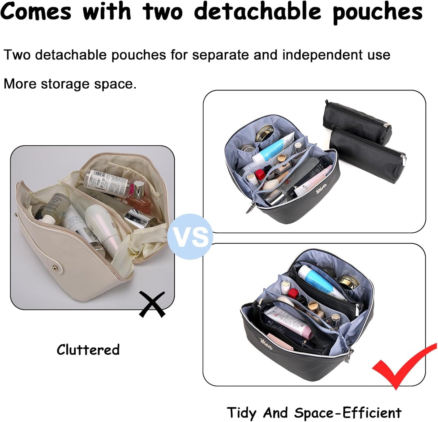 BOYATU Travel Makeup Bags for Women: Vegan Leather Cosmetic Bag Set of 3 - Large Capacity Make up Bag with Divider - Wide Open Waterproof Toiletry Organizer Bag with Handle (05-Black)