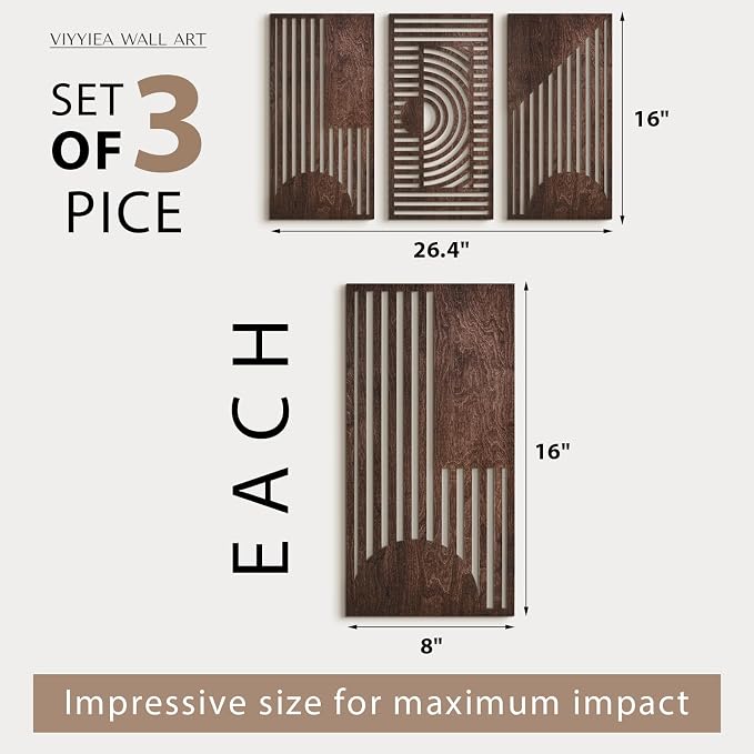 VIYYIEA Boho Solid Wood Carved Wall Art Set of 3, Geometric Minimalist Wooden - Image 2