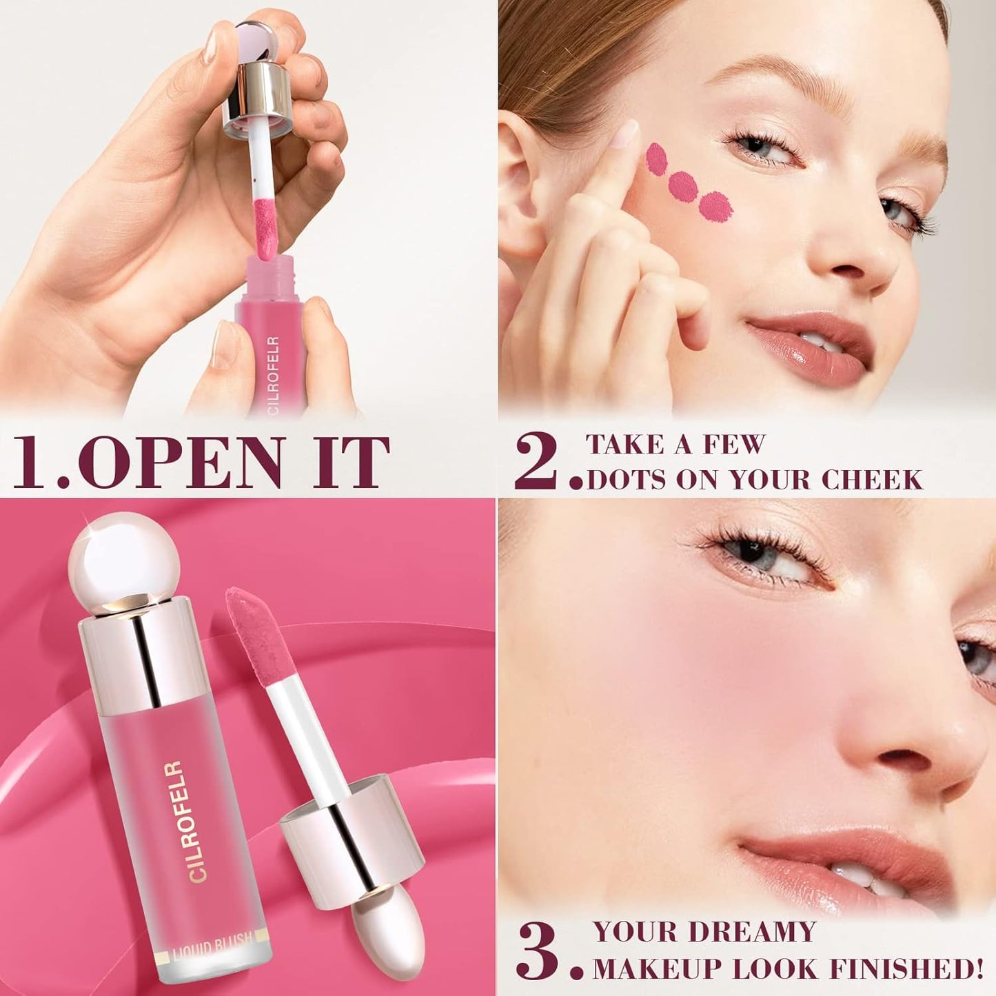 Cilrofelr Dewy Liquid Blush, Soft Cream Liquid Blush for Cheek, Buildable & Blendable Pigment, Lightweight & Smooth Texture, Longwear Formula for a Soft, Natural Flush (01 Soft Rose)