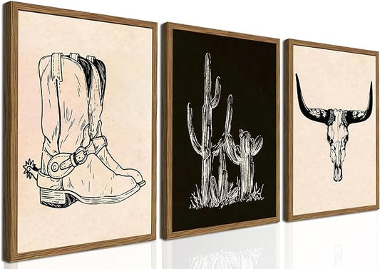 Vintage Western Wall Art Set of 3, Southwestern Cowboy Wall Decor Paintings by TransformYourWallsElevateYourStyle