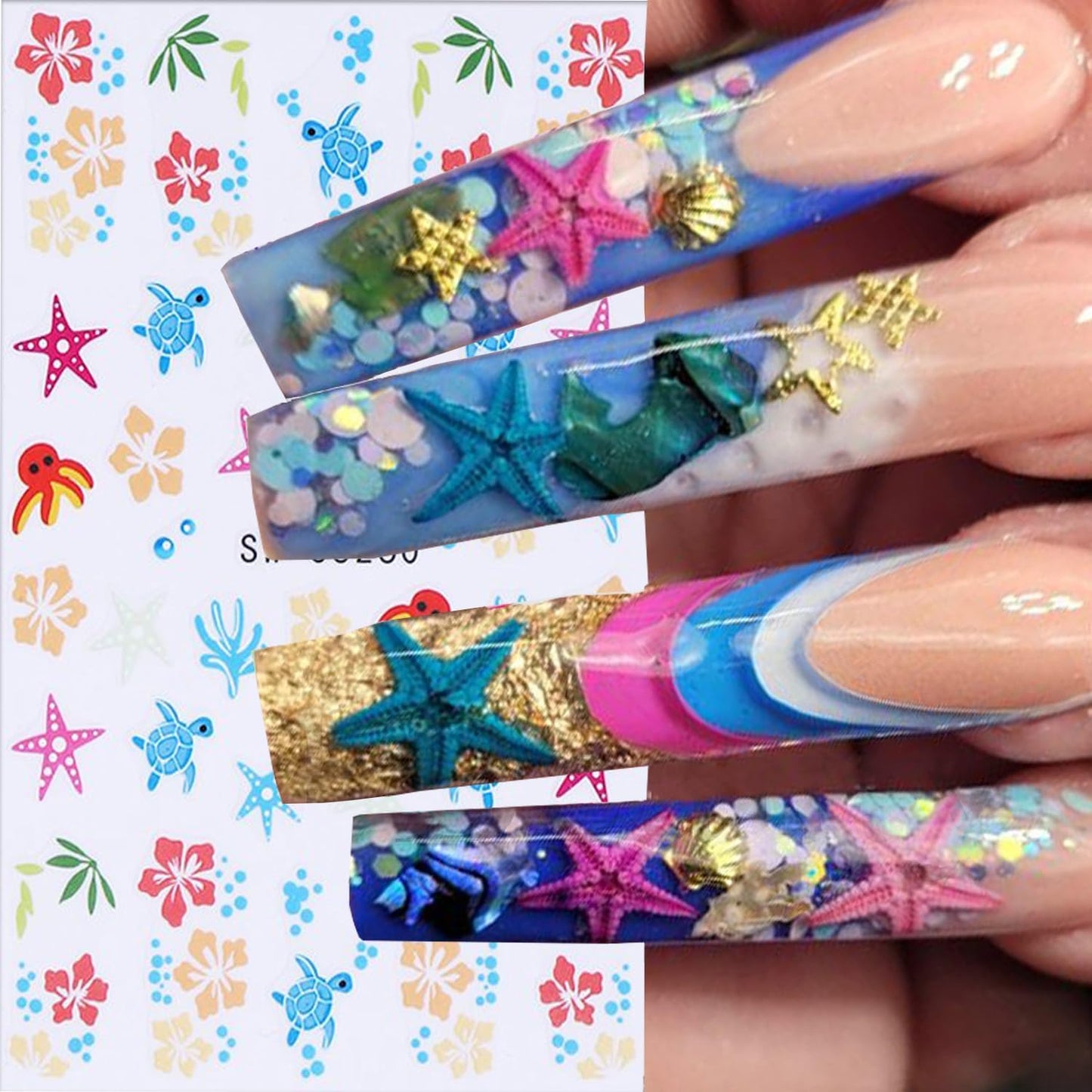 6 Sheets Marine Life Nail Art Stickers 3D Self-Adhesive Starfish Turtle Nails Sticker Flower Nail Art Decals Holographic Bow Nails Decal Decoration for Women Floral Manicure DIY Nail Supplies