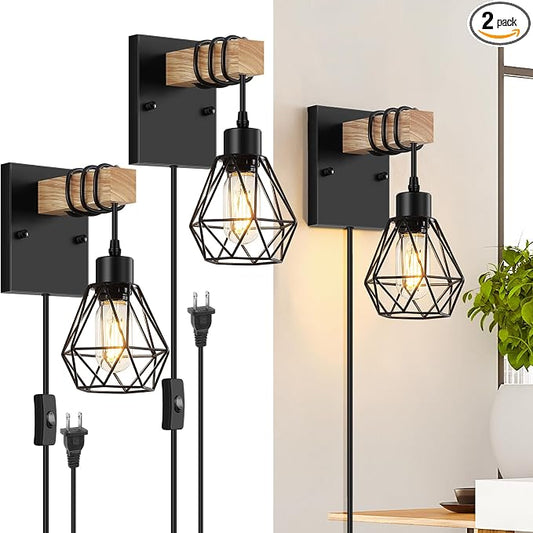 Lomoky Plug in Wall Sconces Set of Two, Vintage Wood Wall Lamps by Lomoky
