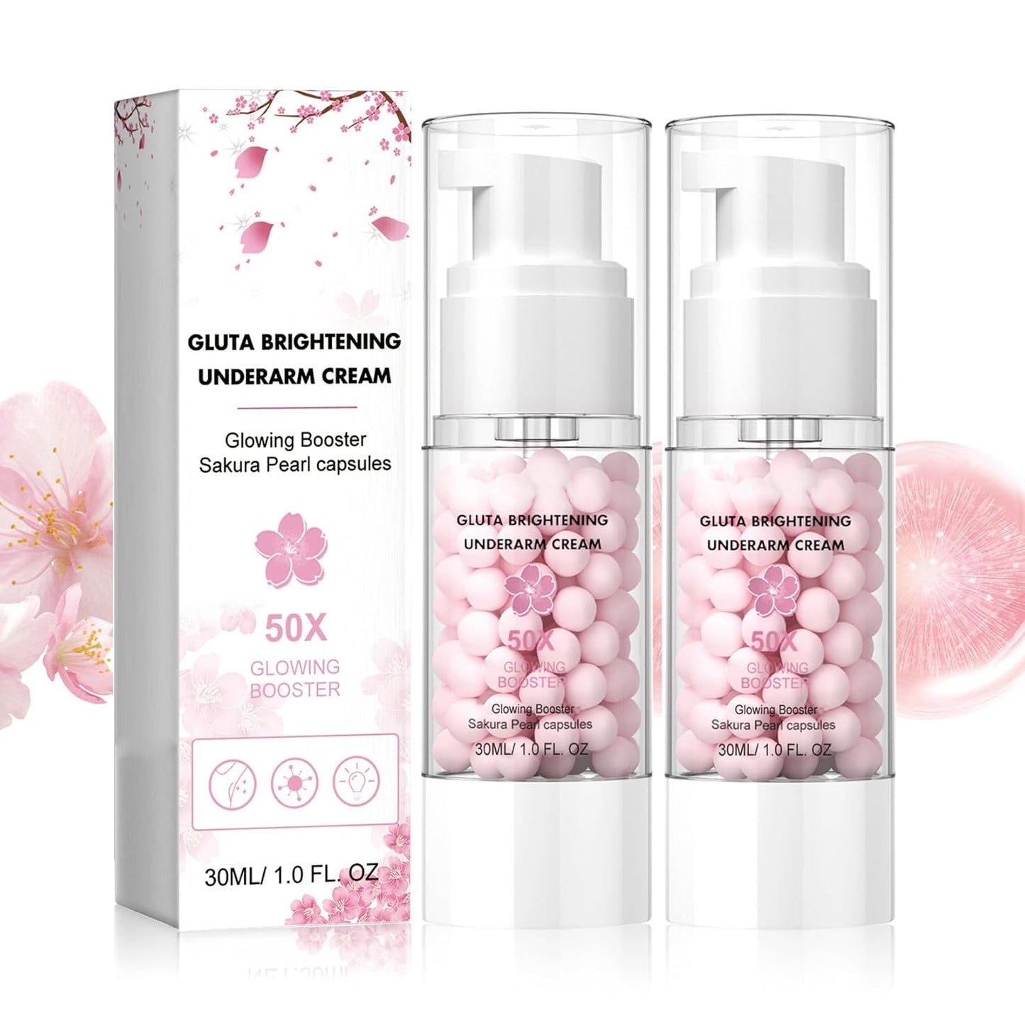 2PCS Gluta Brightening Booster Cream, Underarm Brightening Cream, Brightening Booster Sakur Pearl Capsules,Body Care Cream,Exfoliating Body Gel For Women