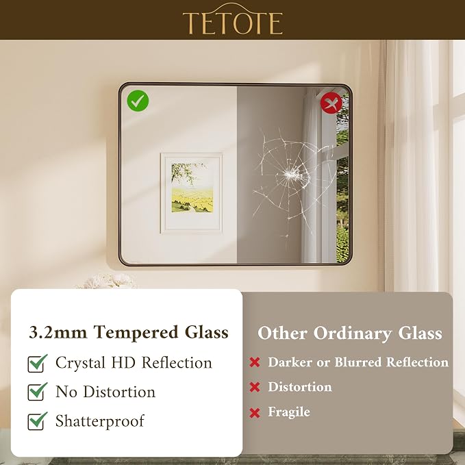 TETOTE 40 x 30 Inch Black Frame Mirror, Bathroom Vanity Mirror - Image 4