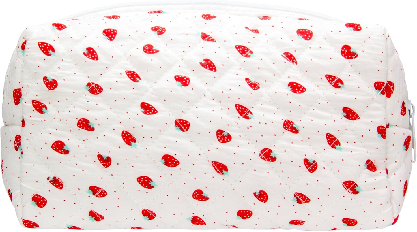 PAZIMIIK Vintage Quilted Makeup Bag Cosmetic Pouch for Brushes Pencils and Travel Make Up Accessories for Women and Girls Strawberry