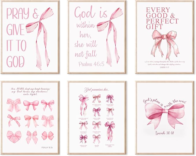 KBKBART Coquette Pink Bow Wall Art Decor Posters– Set of 6 Unframed 8x10 Prints by KBKBART