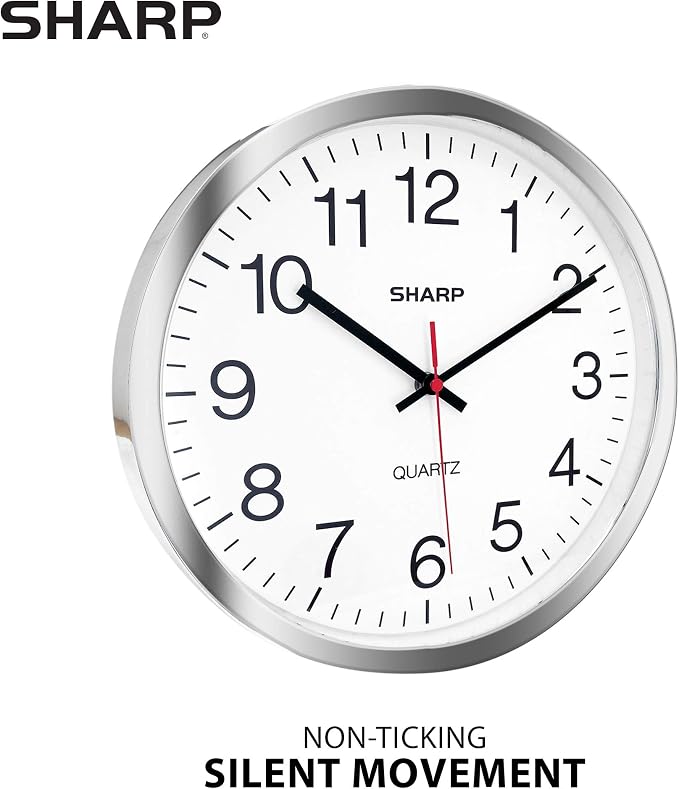 Sharp Wall Clock – Silver/Chrome, Silent Non Ticking 12 Inch Quality Quartz - Image 2