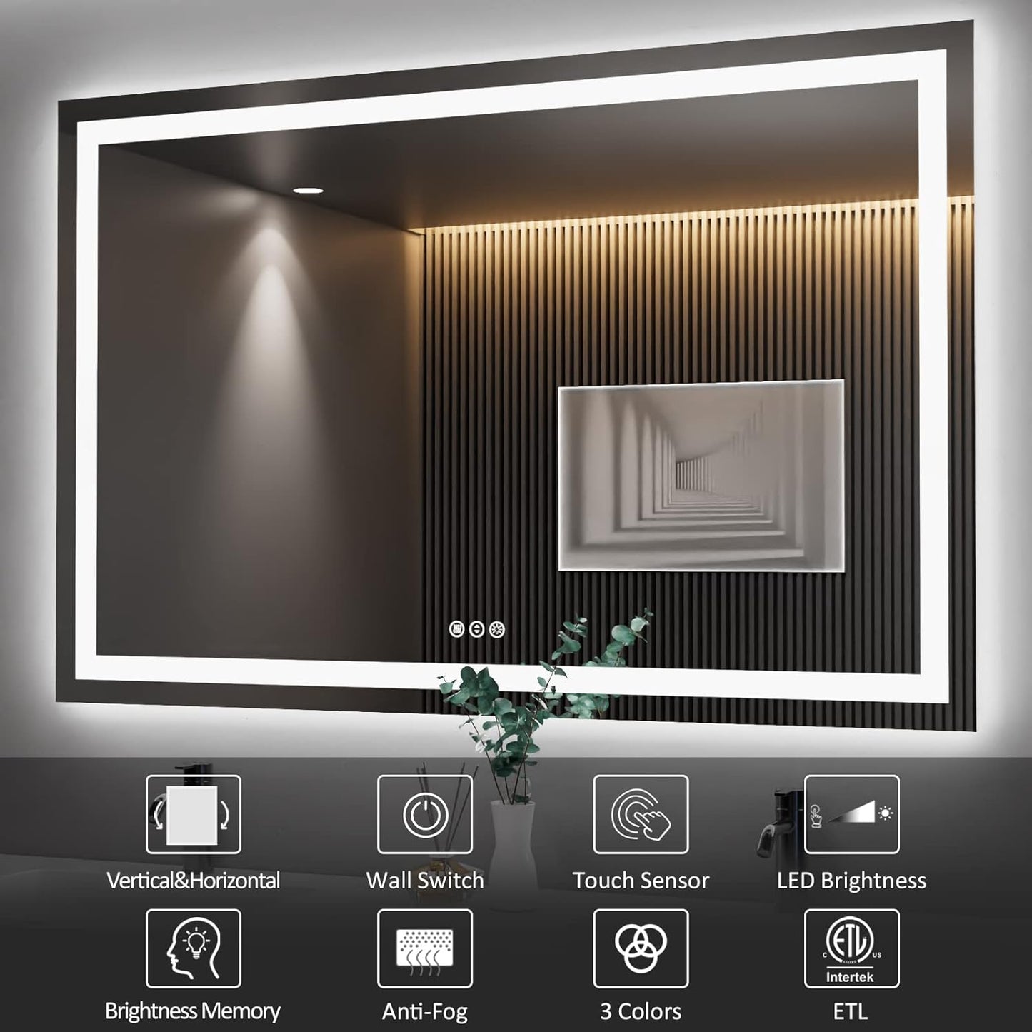 Amorho LED Bathroom Mirror 55"X40" with Front and Backlight, Stepless Dimmable Wall Mirrors with Anti-Fog, Shatter-Proof, Memory, 3 Colors, Double LED Vanity Mirror(Horizontal/Vertical)