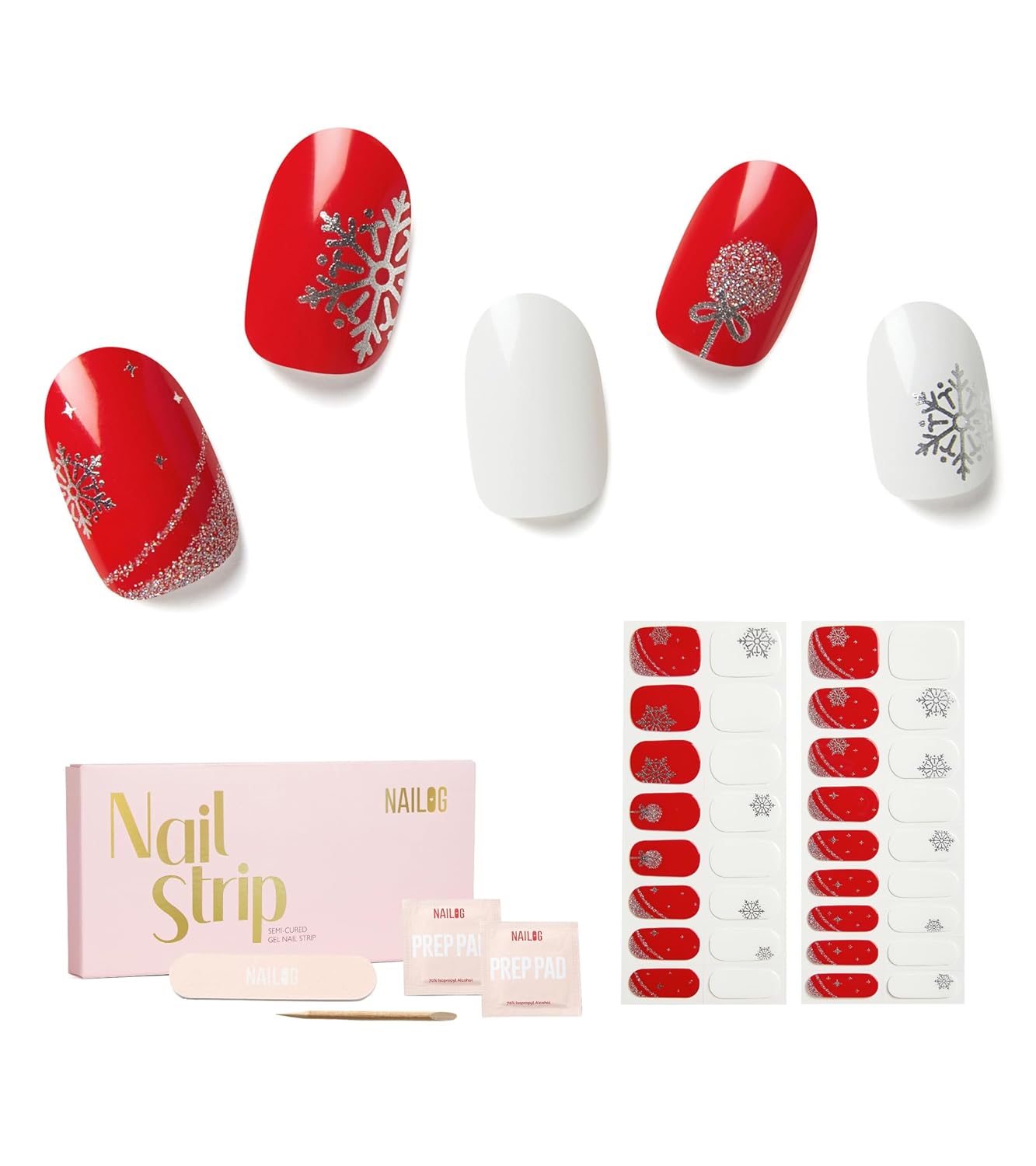 Semi Cured Gel Nail Strips - NAILOG 34 Pcs Gel Nail Stickers for Christmas Day | Buy 2 Get 1 UV Light | Long Lasting Nail Wraps with Glossy Gel Finish Red, Holly Jolly