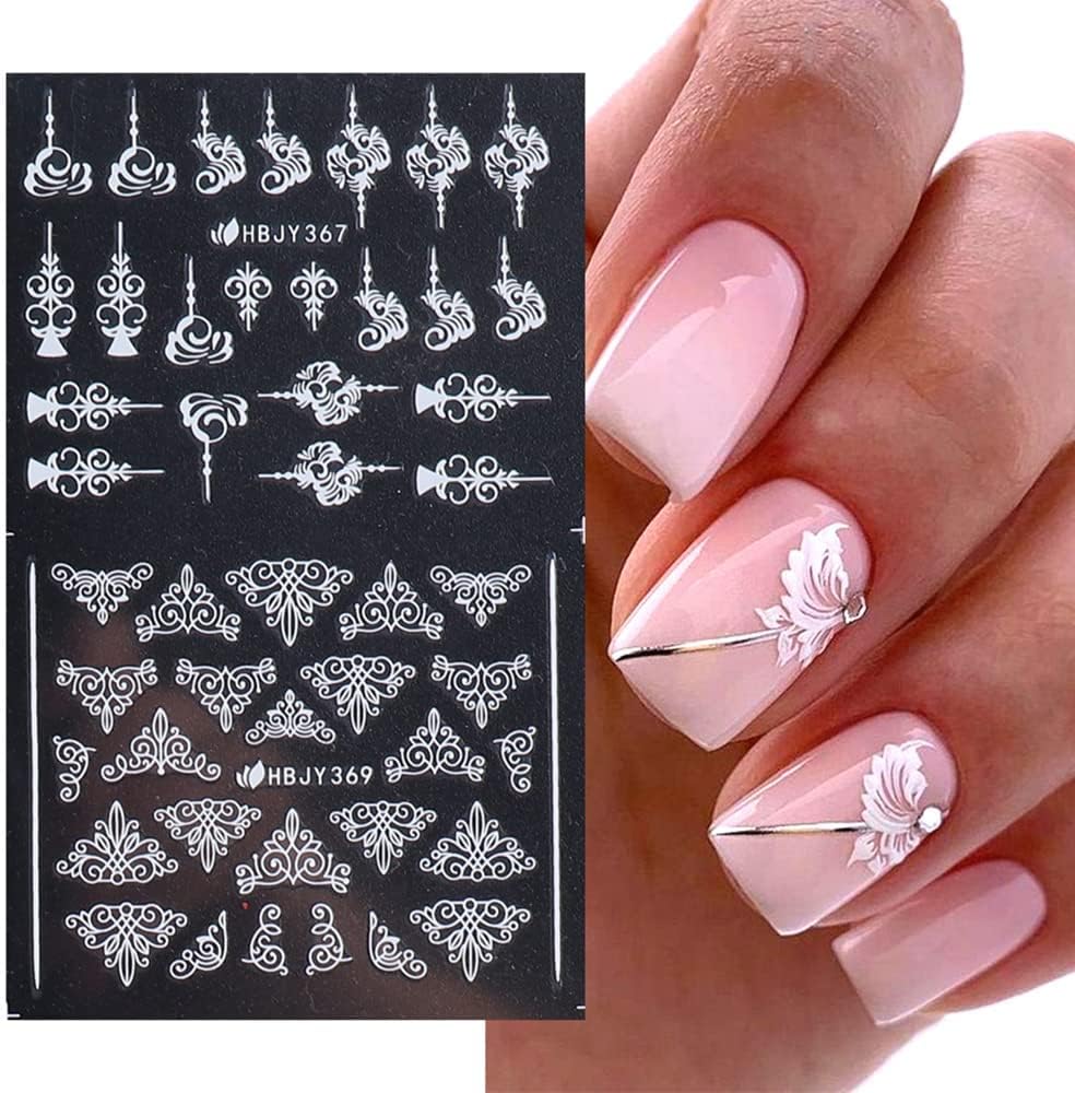 Flowers Nail Art Stickers Decal ,White Flowers Nail Stickers Nail Art Supplies 3D Retro Lace Flower Leaf Vine Geometric Self Adhesive Floral Nail Decals Wedding Nail Designs for Women Manicure Decorations(361-372 White)
