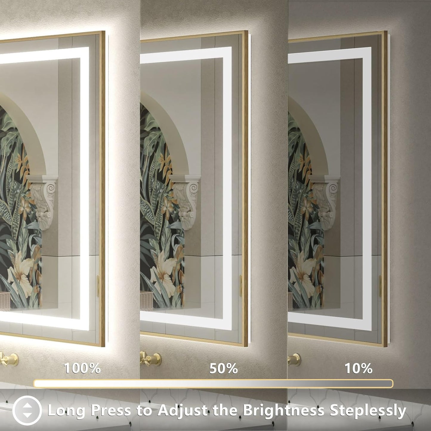 OKPAL 48x36 Gold LED Mirror for Bathroom with Frontlit & Backlit, Metal Framed Lighted Bathroom Mirror with Lights, Anti-Fog, Dimmable 3 Colors, Shatterproof, Horizontal/Vertical