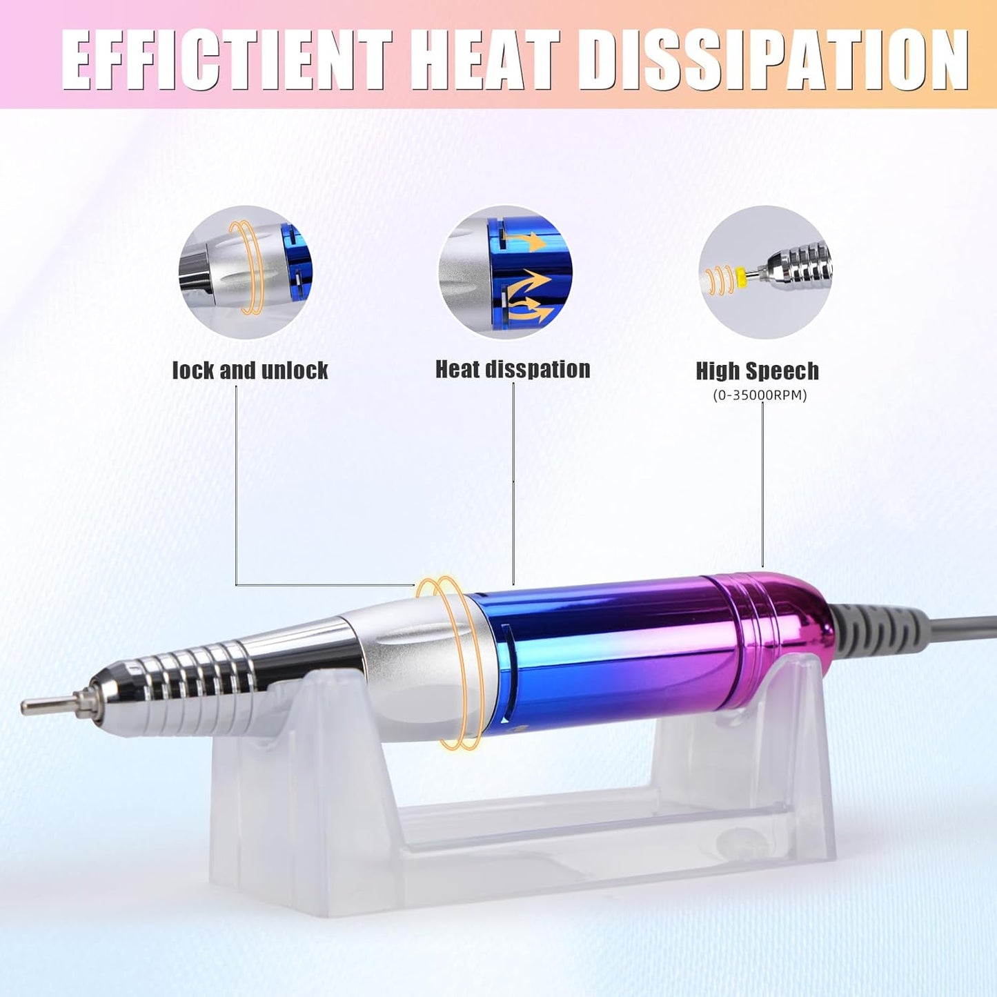 Professional Electric Nail Drill Machine for Acrylic Nails, 35000 RPM Electric Nail File Tool Set, Portable E-File Rechargeable Manicure Pedicure Polish Kit for Home Salon Tech (Heart Sunset Blue)