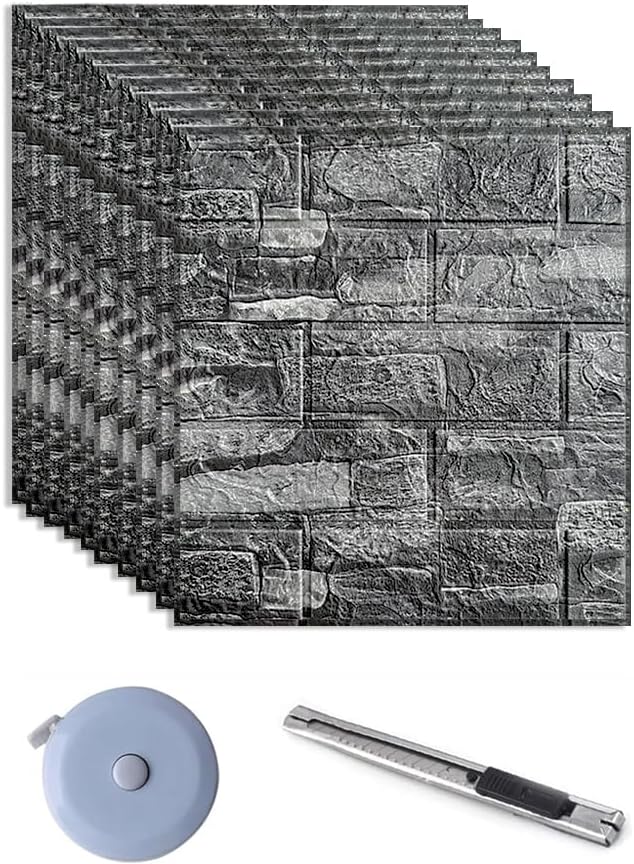 10PCS 3D Wall Panels, 3D Brick Foam Peel & Stick, Charcoal Black by YVTEUWallArt