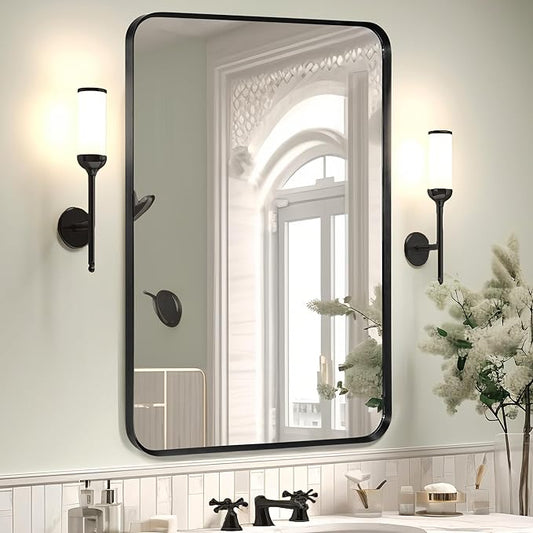 Wall Mount Mirror for Bathroom, Brush Black Metal Framed Rounded Corner by Minuover