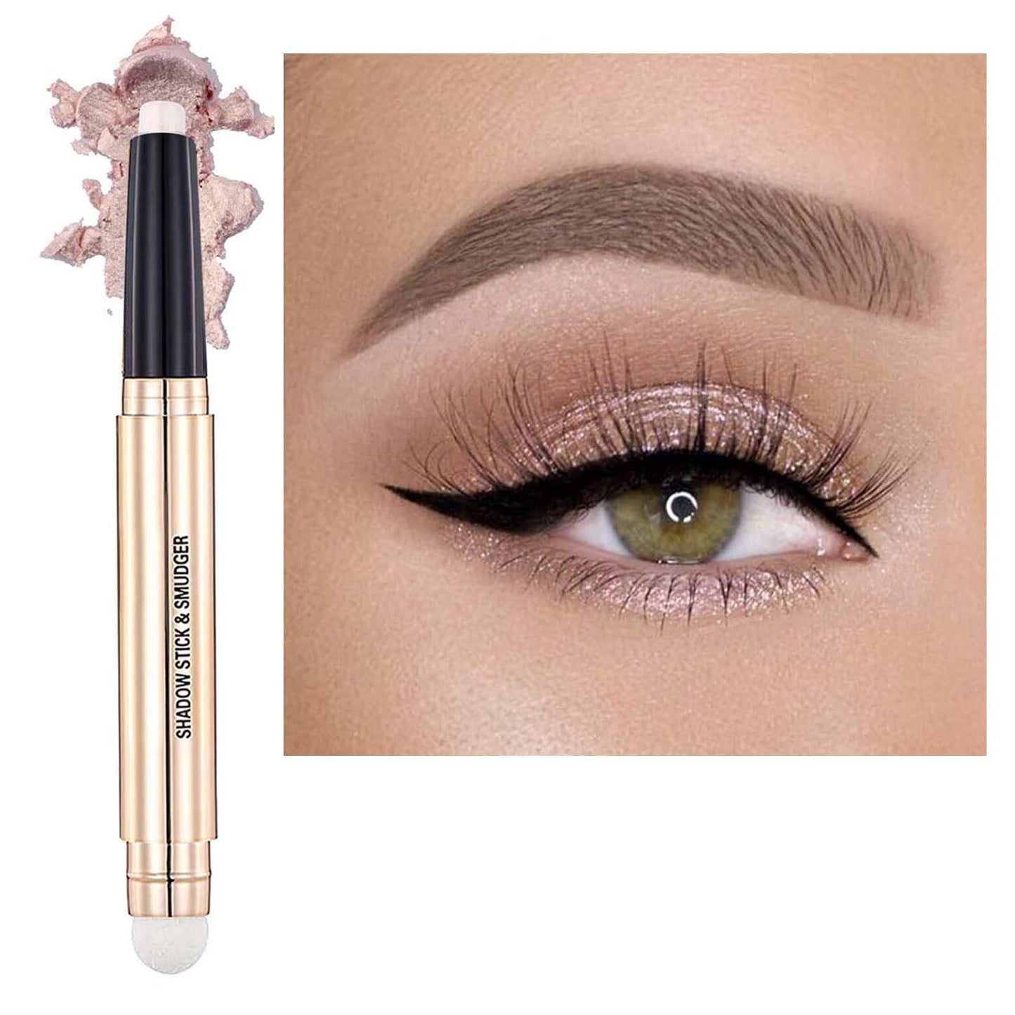 Eyeshadow Stick And Sponge Makeup Brush Cream Shimmer Smooth Shadow Pencil Eyeliner Long Lasting Waterproof Eye Shadow Highlighter Stick Hypoallergenic Multi-Dimensional Eyes Look (# 02)