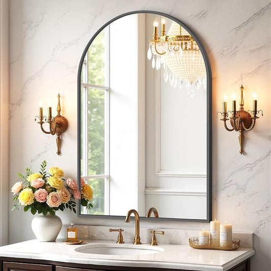 Bathroom Mirror for Wall, 38x26 Inch Arched Mirror, Matte Black Metal Framed by Atilioo