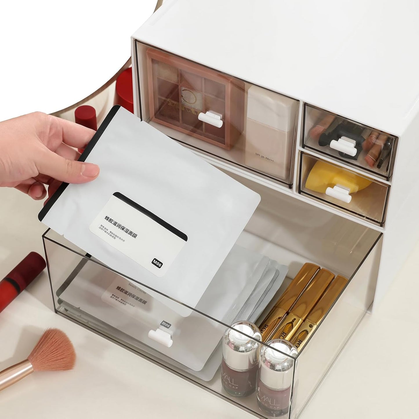 Desk Organizer with 4 Drawers, Makeup Organizer, Desktop Storage Box, Cosmetics Storage Box for nail polish, Lipstick, Brushes, Jewelry, Skincare, Bathroom Organization Boxes(White)