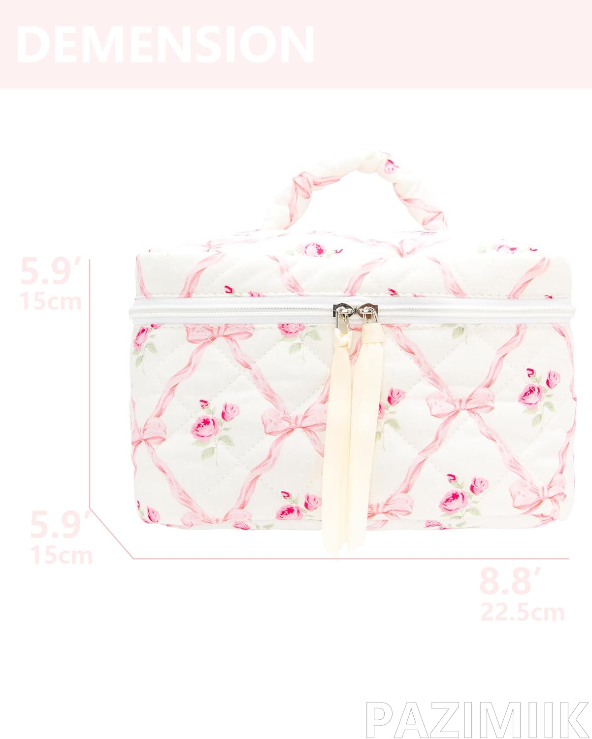 PAZIMIIK Quilted Makeup Bag Large Travel Zipper Soft Cosmetic Case for Women Girls Make Up,Bow Rose