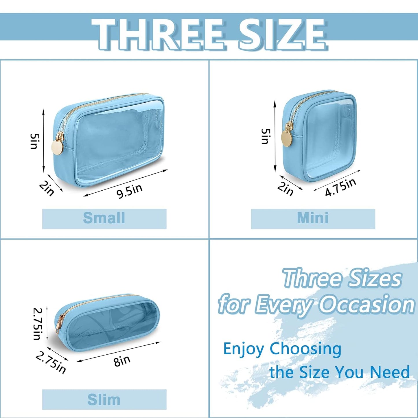 Clear Small Pencil Pouch Makeup Bag for Purse,Nylon&PVC Pencil Case Waterproof Makeup Brush Holder with Zipper,Preppy Transparent Pen Bag Travel Cosmetic Bag for Women Office(Slim-Blue)