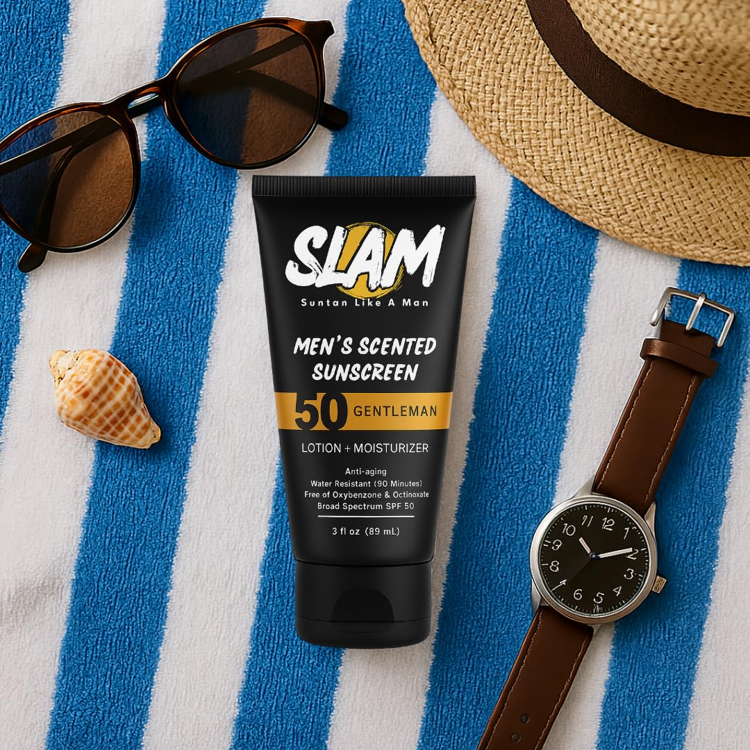 SLAM GentleMan Men's Sunscreen Lotion SPF 50 & Moisturizer – Face & Body Sunblock, Anti-Aging, Water-Resistant, Hawaii Act 104 Safe, Skincare for Men, Cologne Scented – 3 fl oz. each. Double pack.