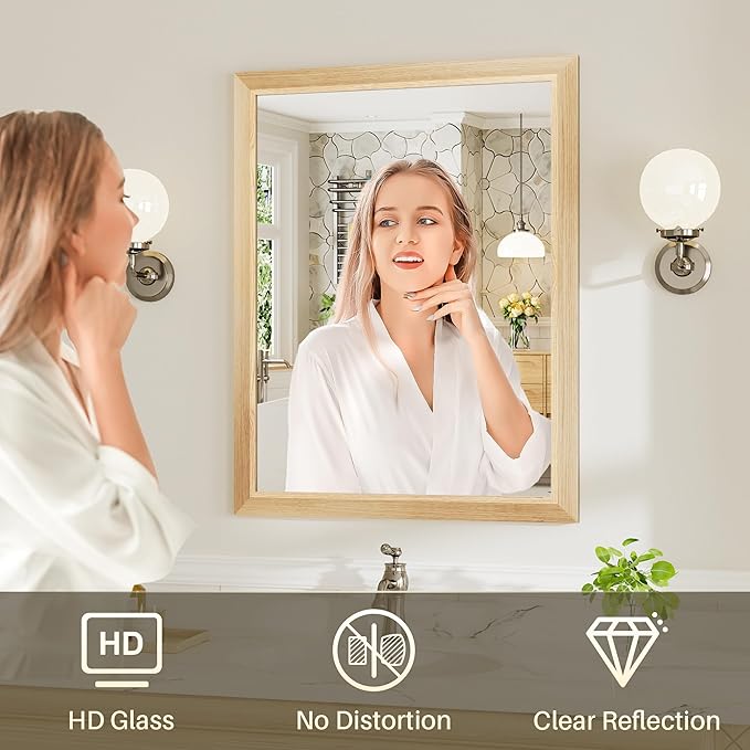 24x36 Inch Bathroom Mirror for Wall, Anti-Rust Oak Wood Grain Metal Framed - Image 6