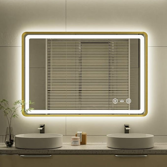 24x36 Inch Gold Framed LED Bathroom Mirror, Smart Bathroom Mirror by Unknown
