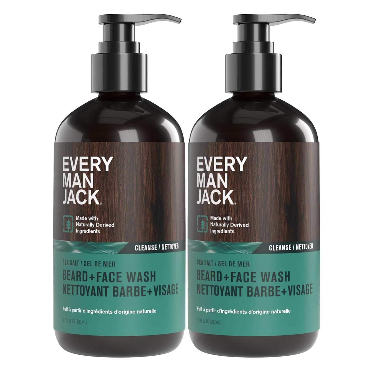 Every Man Jack Beard + Face Wash - Subtle Sea Salt Fragrance - Deep Cleans, Conditions, and Softens Your Beard and Skin Underneath - Naturally Derived with Coconut Oil, Glycerin, and Coconut - 6.7-fl oz (2 Pack)