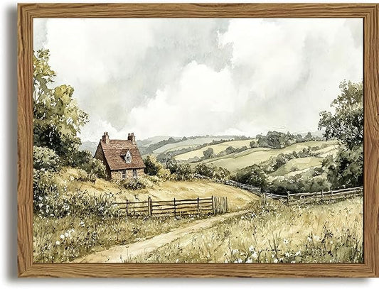 Framed Vintage Canvas Wall Art, Cottage Landscape Wall Decor Paintings by Unknown