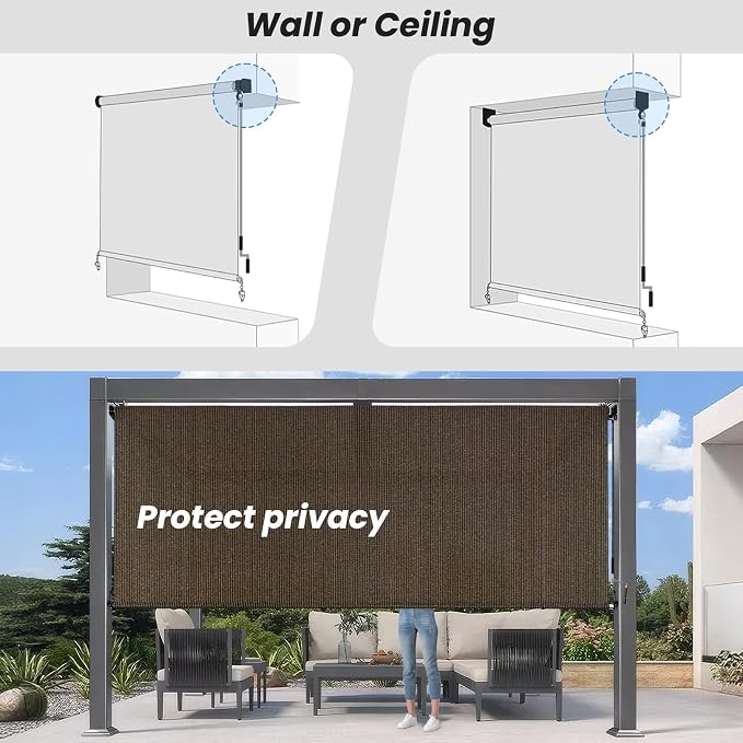 8'W x 8'H Mocha Patio Shades Roll up Outdoor Roller Shade Crank Wand Blind - Image 6