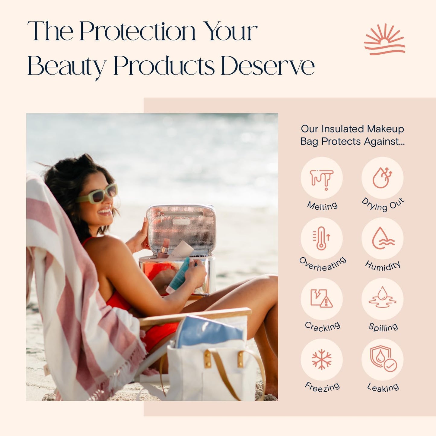 Large Insulated Metallic Silver Travel Makeup Case - Waterproof Vegan Leather Beauty Travel Skincare Bag - Heat-Resistant Zippered Designer Makeup Bag Shields Cosmetics from Melting, Freezing